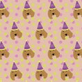 A seamless pattern with spaniel dogs in birthday hats
